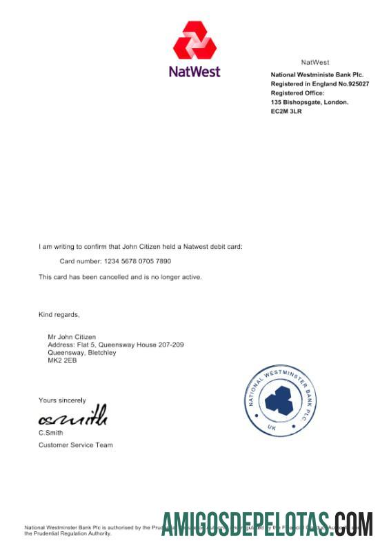 Carta de confirmação de cancelamento de cartão de débito do UK NatWest Bank amostra